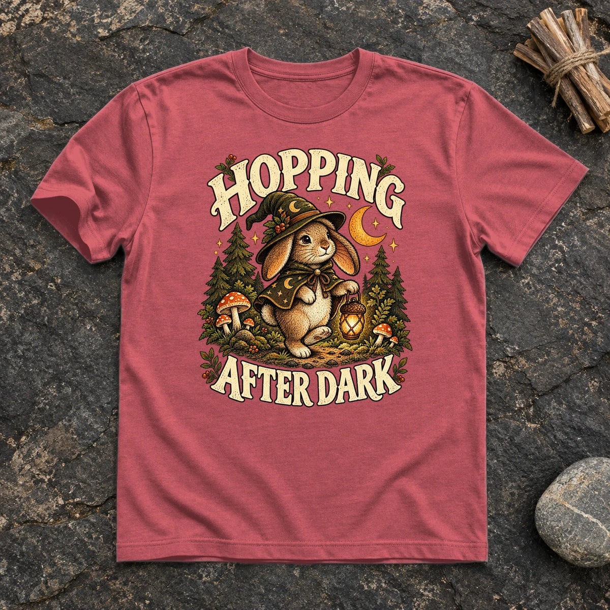 Hopping After Dark Witch Bunny Graphic Tee on Heather Red Everyday Soft Tee