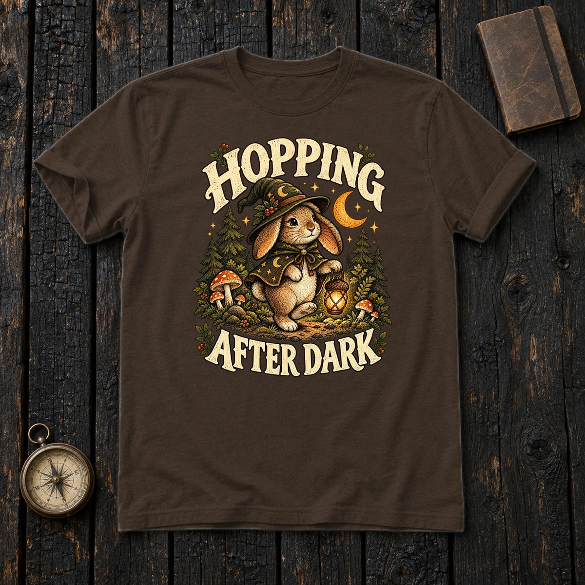 Hopping After Dark Witch Bunny Graphic Tee on Dark Chocolate Everyday Soft Tee