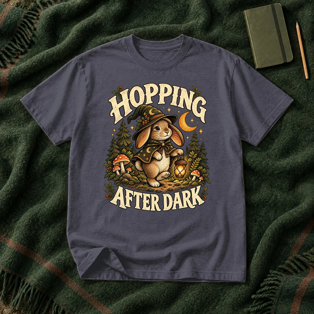 Hopping After Dark Witch Bunny Graphic Tee on Navy Premium Tee