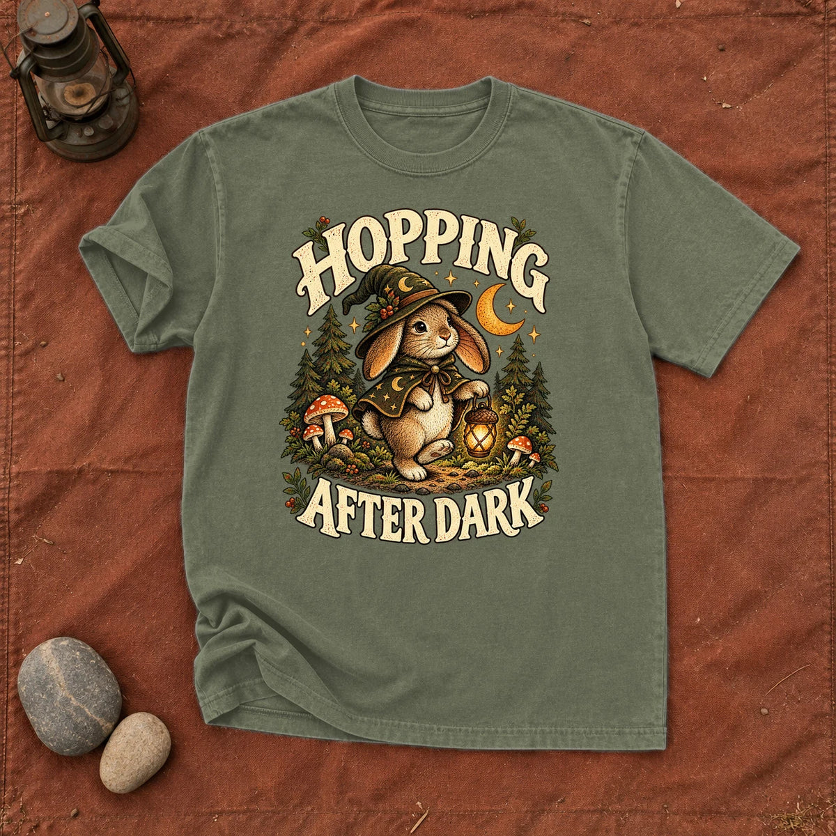 Hopping After Dark Witch Bunny Graphic Tee on Moss Premium Tee
