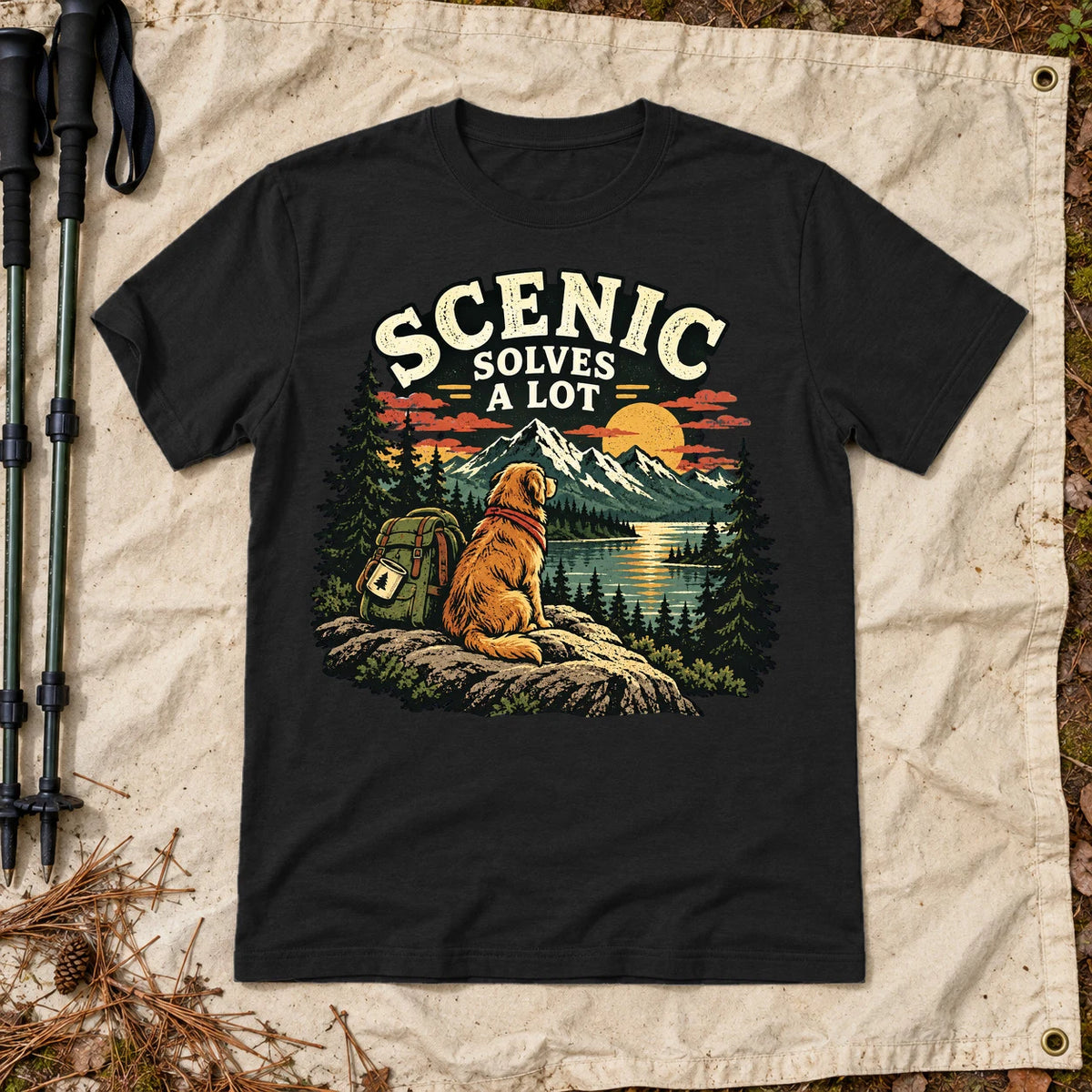 Scenic Solves A Lot Hiking Dog Graphic Tee on Black Everyday Soft Tee