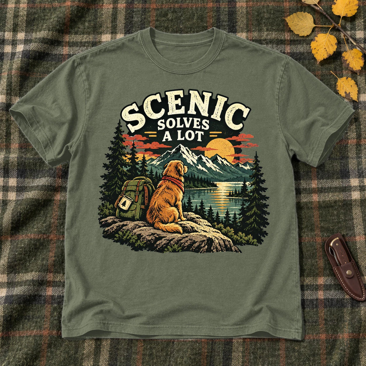 Scenic Solves A Lot Hiking Dog Graphic Tee on Military Green Everyday Soft Tee