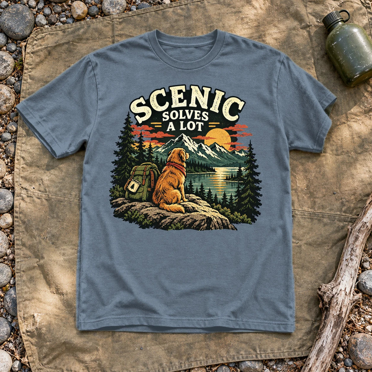 Scenic Solves A Lot Hiking Dog Graphic Tee on Heather Indigo Everyday Soft Tee