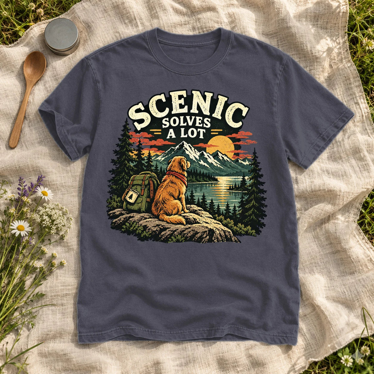 Scenic Solves A Lot Hiking Dog Graphic Tee on Navy Premium Tee