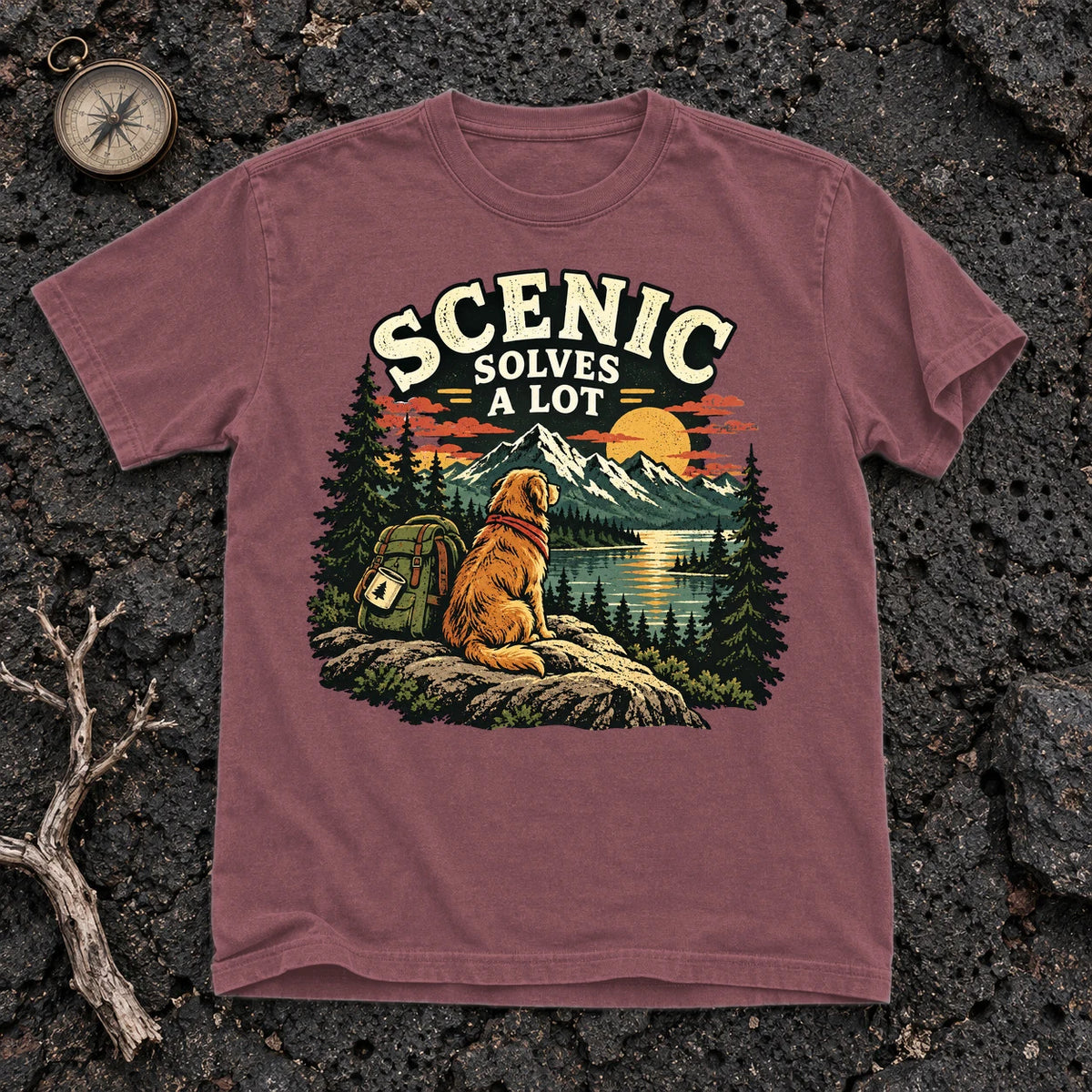 Scenic Solves A Lot Hiking Dog Graphic Tee on Brick Premium Tee