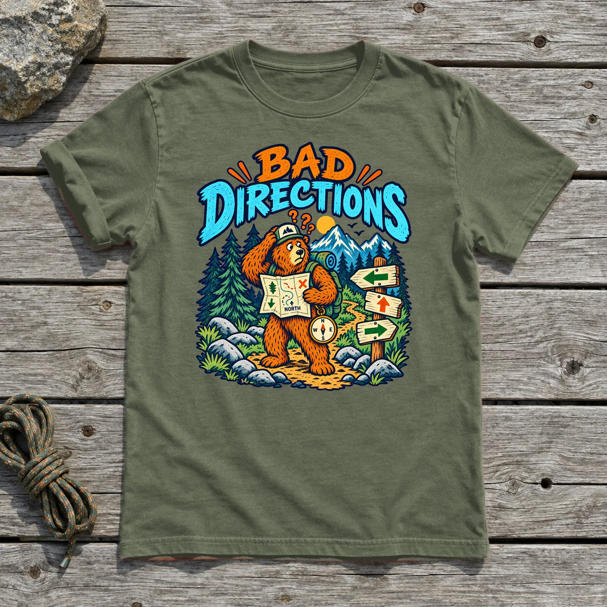 Bad Directions Bear Graphic Tee on Military Green Everyday Soft Tee