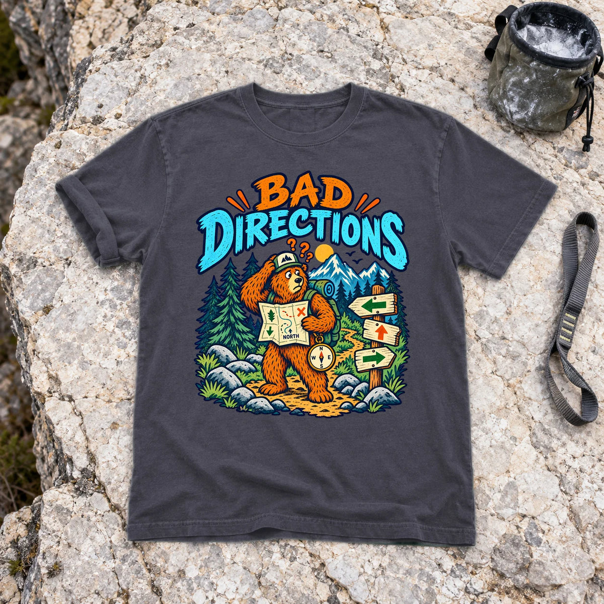 Bad Directions Bear Graphic Tee on Navy Premium Tee