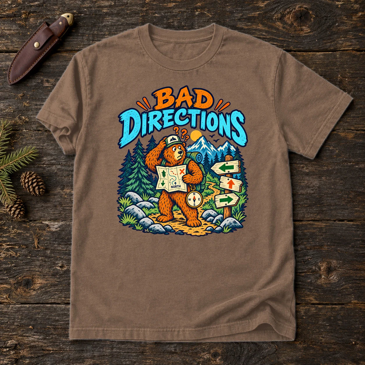 Bad Directions Bear Graphic Tee on Espresso Premium Tee