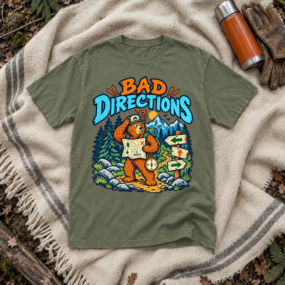 Bad Directions Bear Graphic Tee on Moss Premium Tee