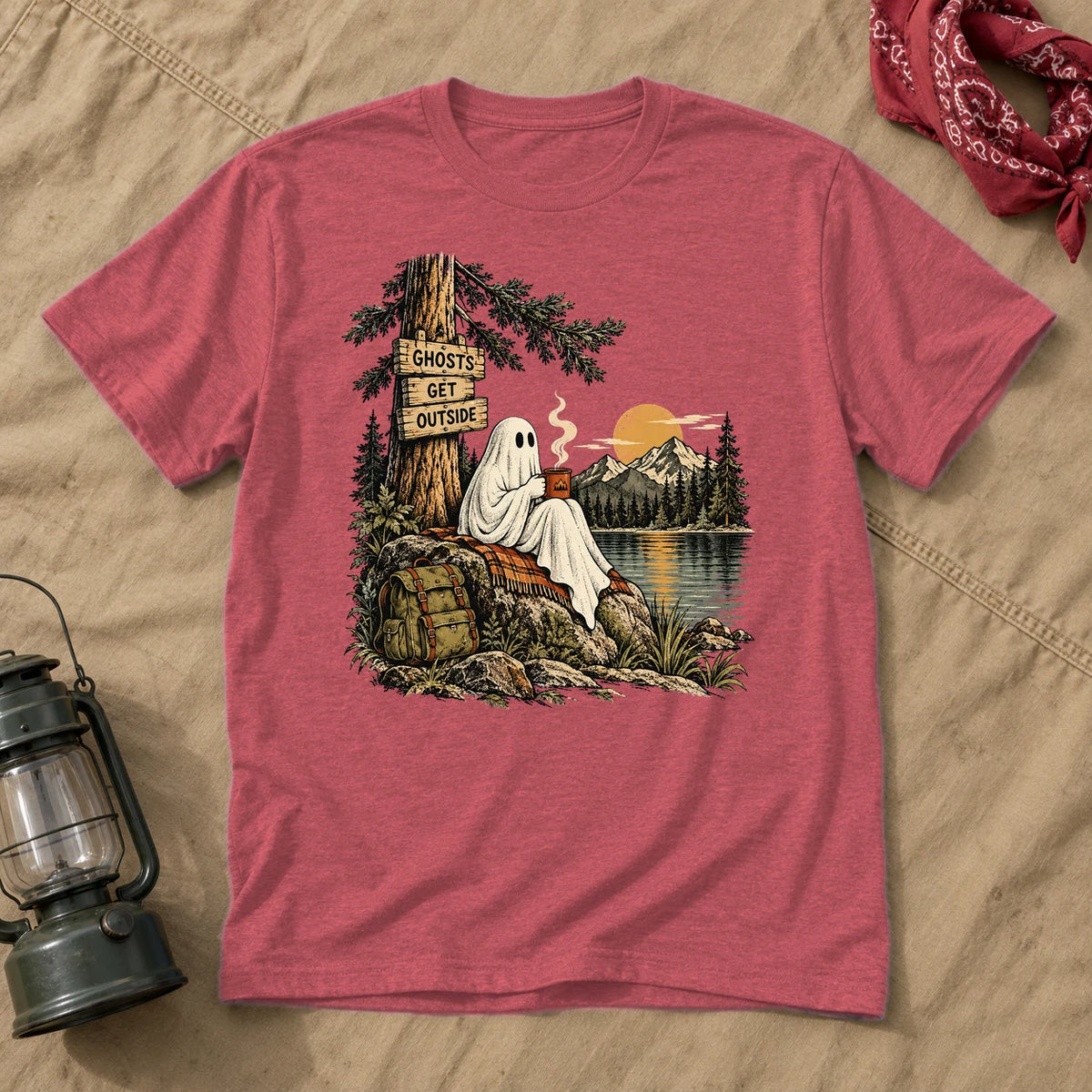 Ghosts Get Outside Graphic Tee on Heather Red Everyday Soft Tee