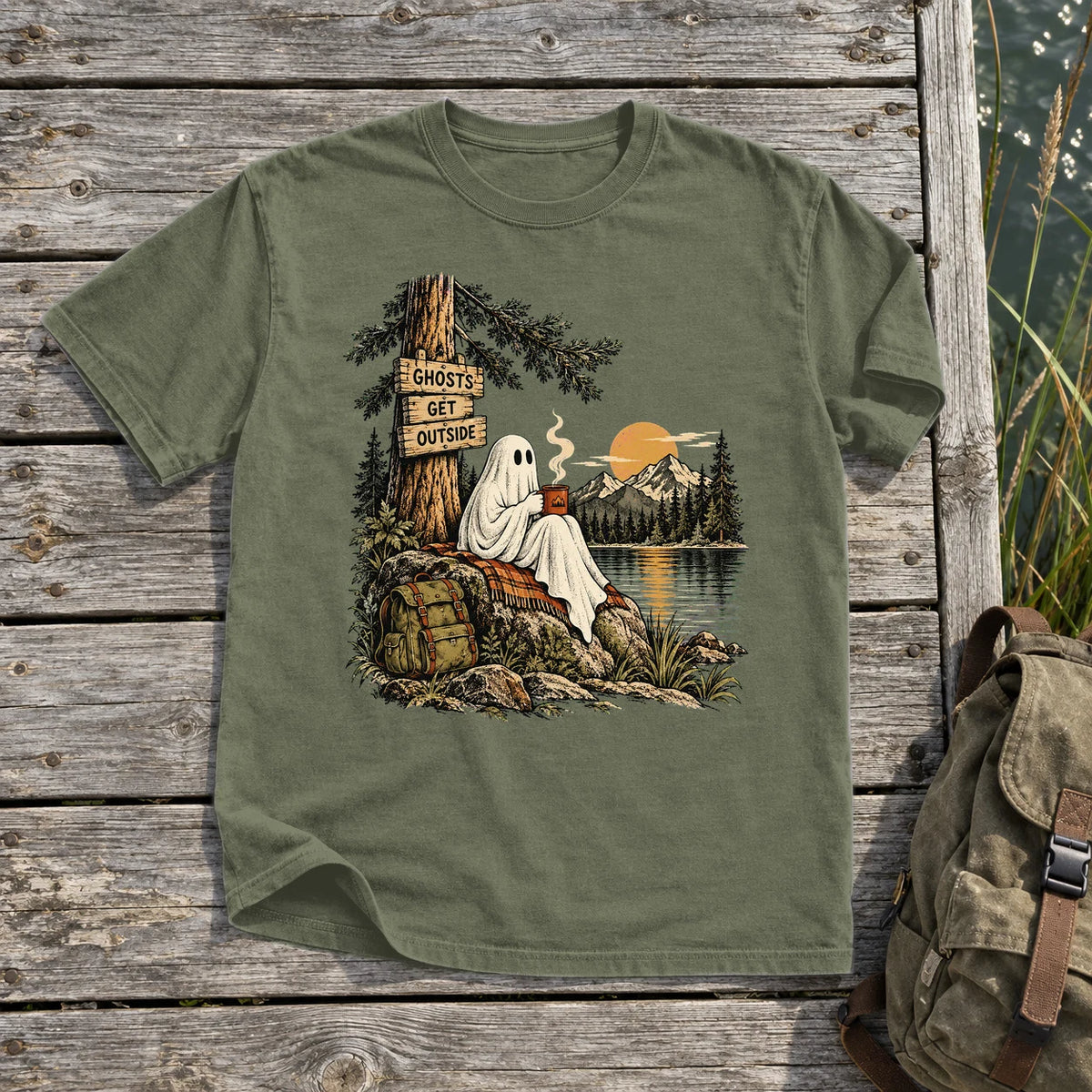 Ghosts Get Outside Graphic Tee on Moss Premium Tee