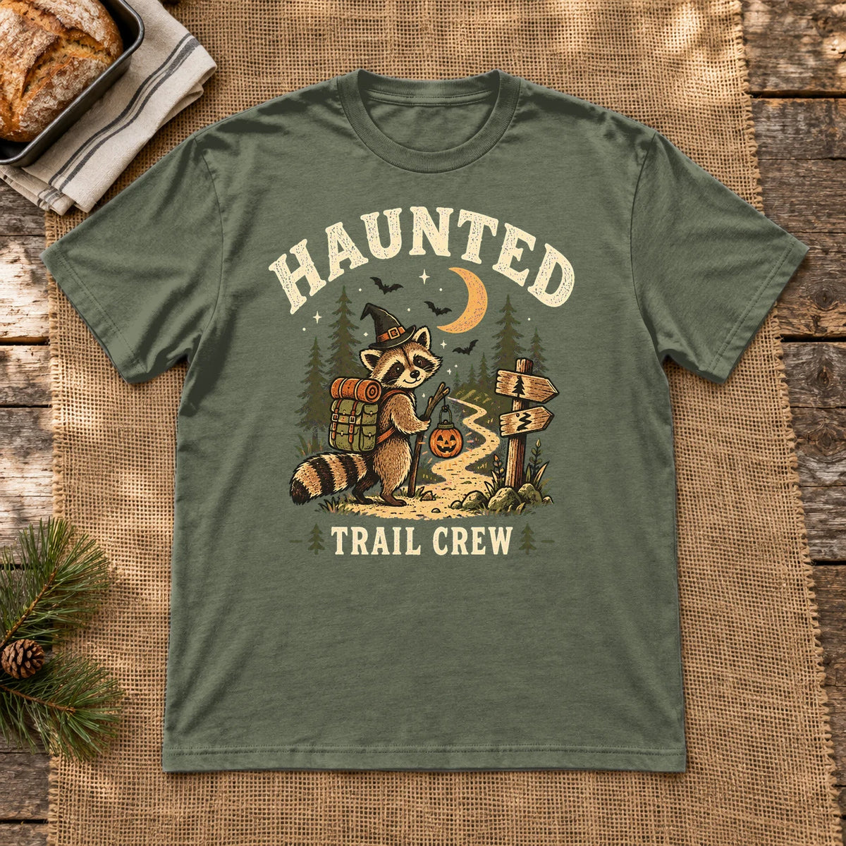 Haunted Trail Crew Raccoon Graphic Tee on Military Green Everyday Soft Tee