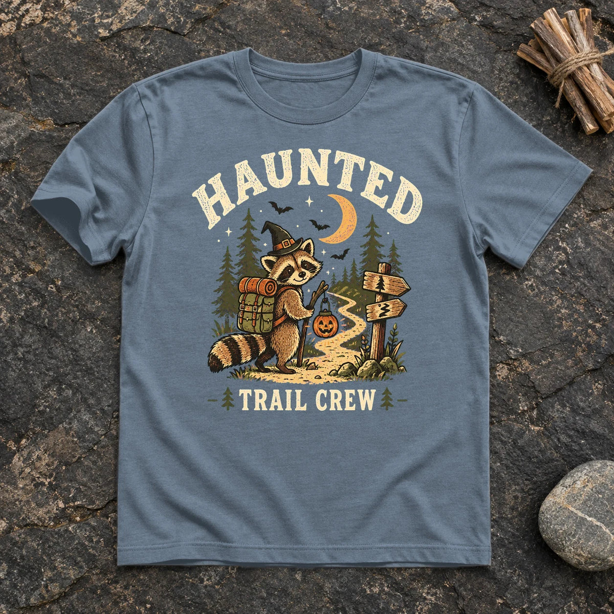 Haunted Trail Crew Raccoon Graphic Tee on Heather Indigo Everyday Soft Tee