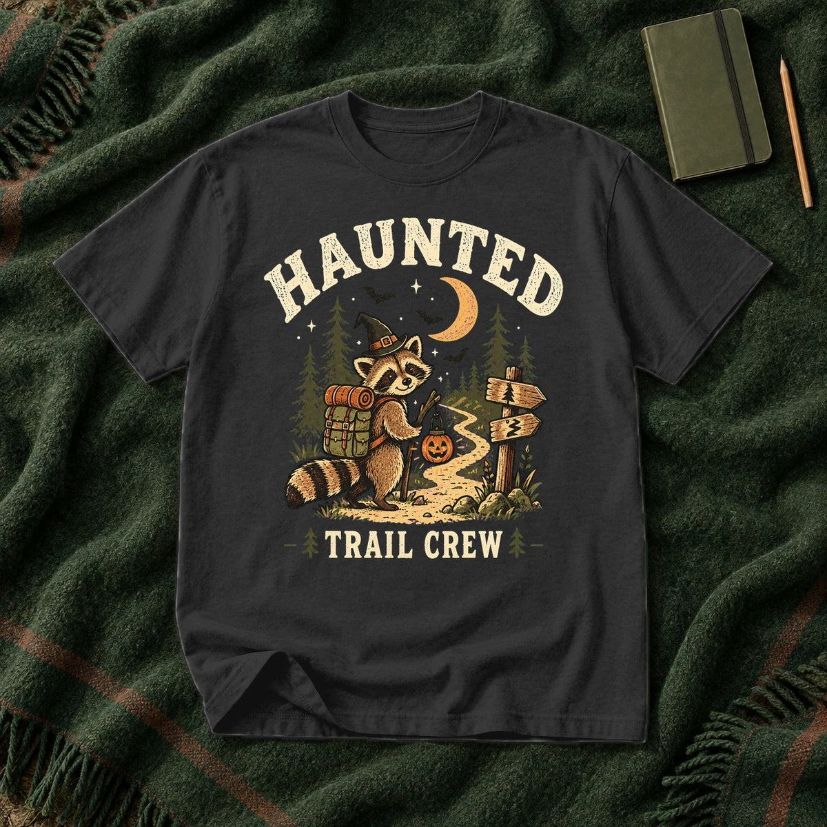 Haunted Trail Crew Raccoon Graphic Tee on Black Premium Tee