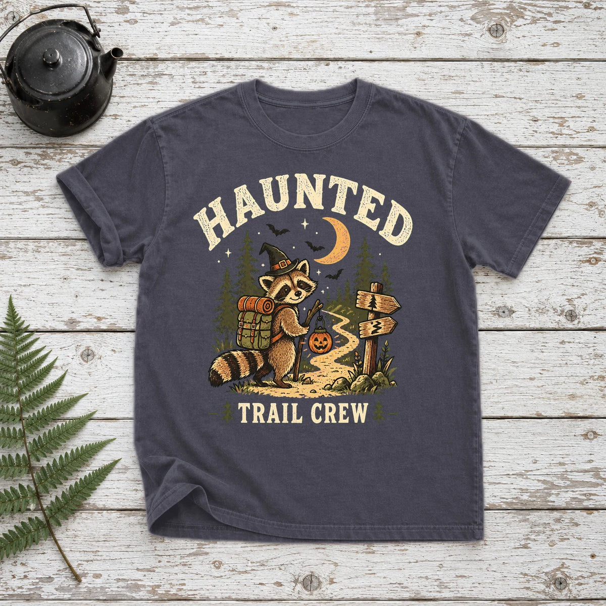 Haunted Trail Crew Raccoon Graphic Tee on Navy Premium Tee