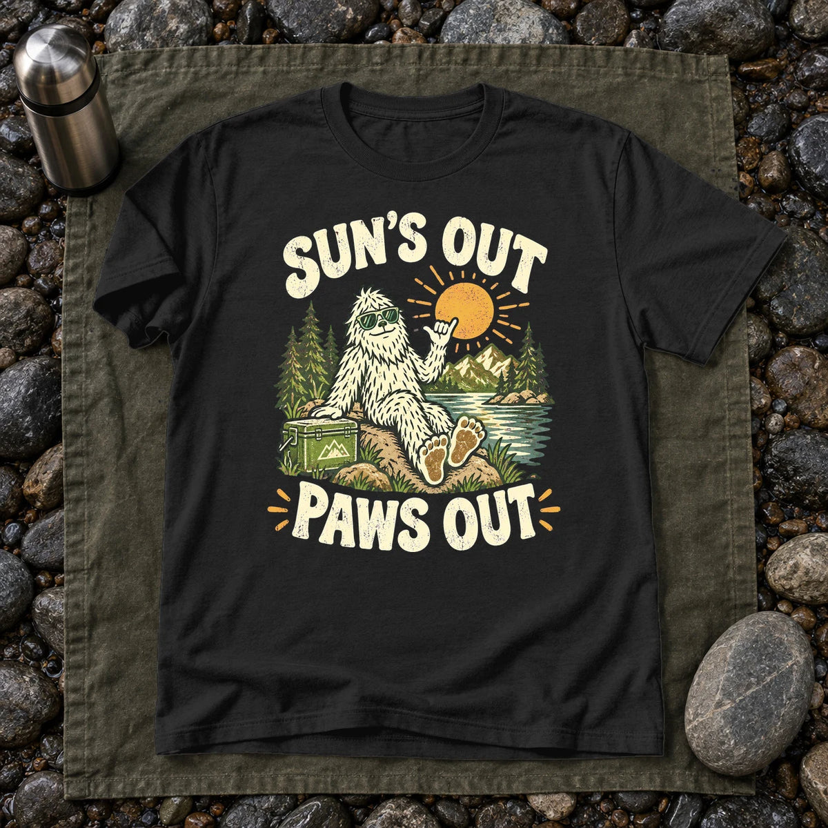Sun's Out Paws Out Bigfoot Graphic Tee on Black Everyday Soft Tee