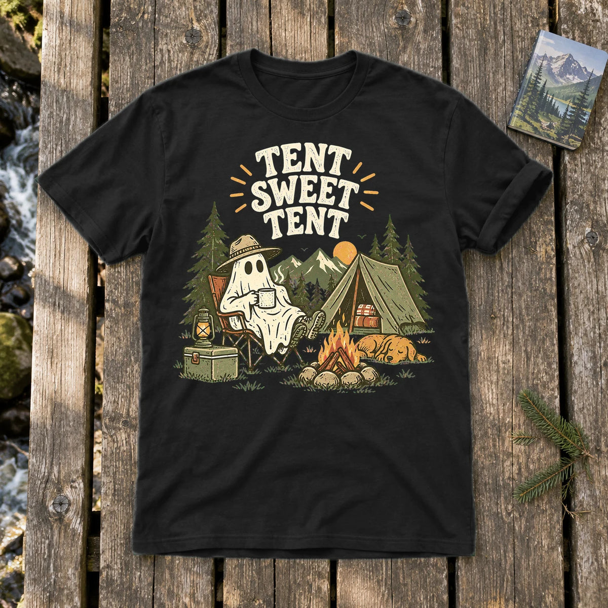 Tent Sweet Tent Ghost Camper Graphic Tee on Black Everyday Soft Tee