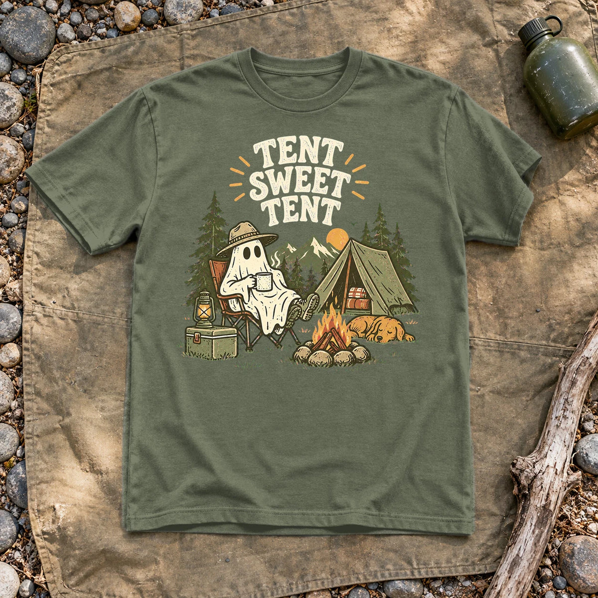 Tent Sweet Tent Ghost Camper Graphic Tee on Military Green Everyday Soft Tee