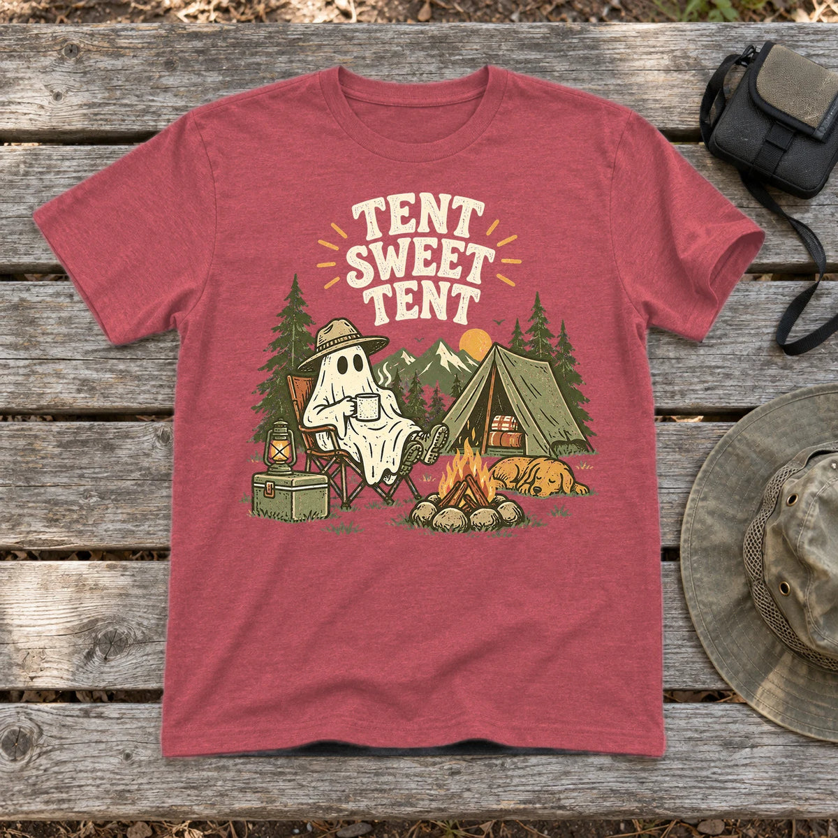 Tent Sweet Tent Ghost Camper Graphic Tee on Heather Red Everyday Soft Tee