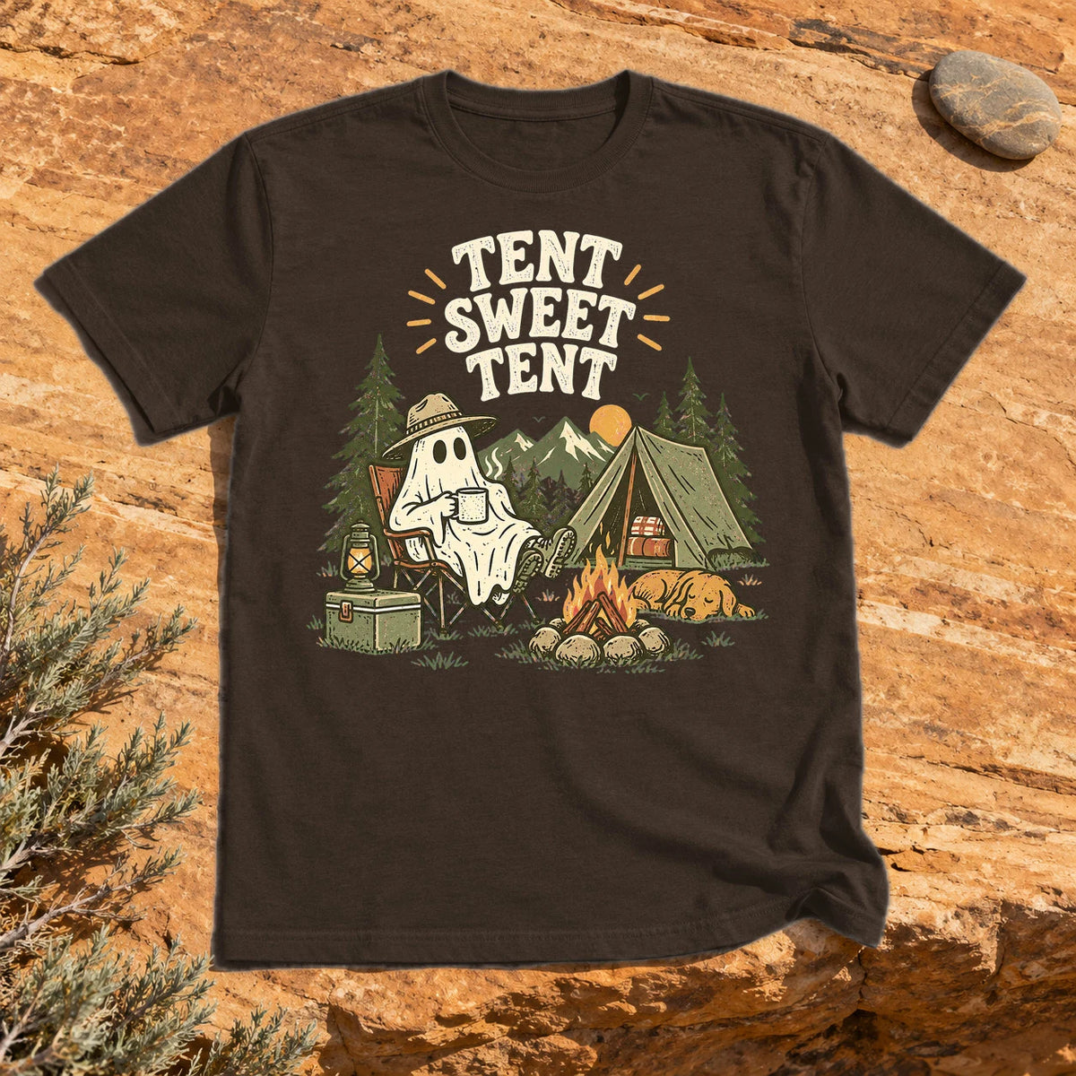 Tent Sweet Tent Ghost Camper Graphic Tee on Dark Chocolate Everyday Soft Tee