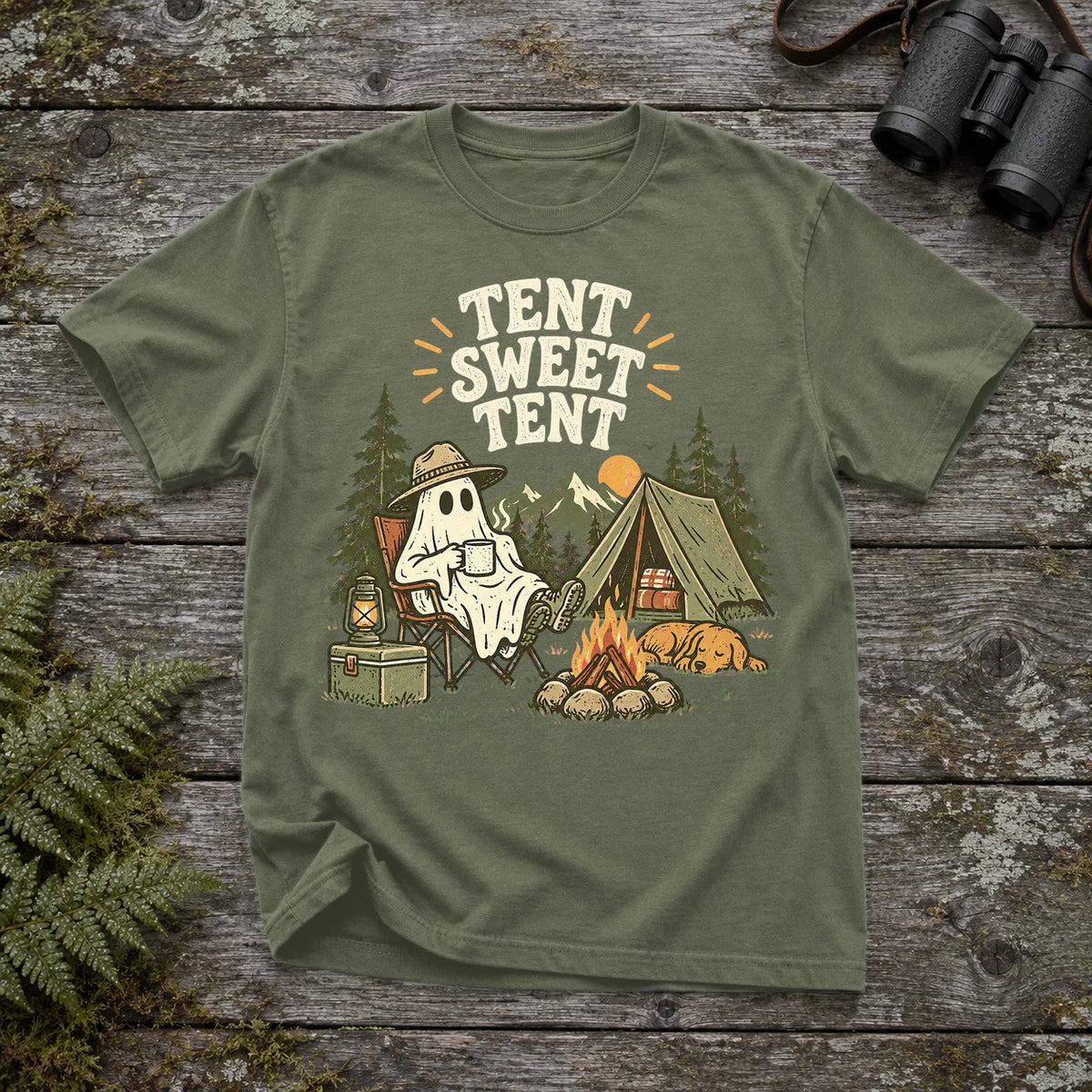 Tent Sweet Tent Ghost Camper Graphic Tee on Moss Premium Tee
