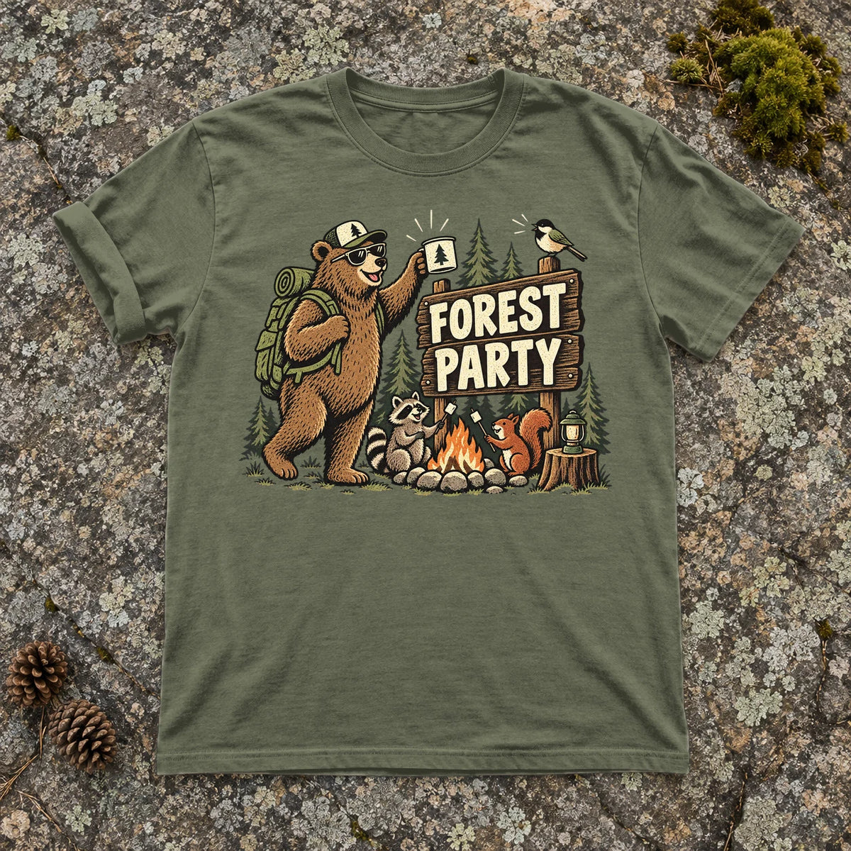 Forest Party Retro Camping Graphic Tee on Moss Premium Tee