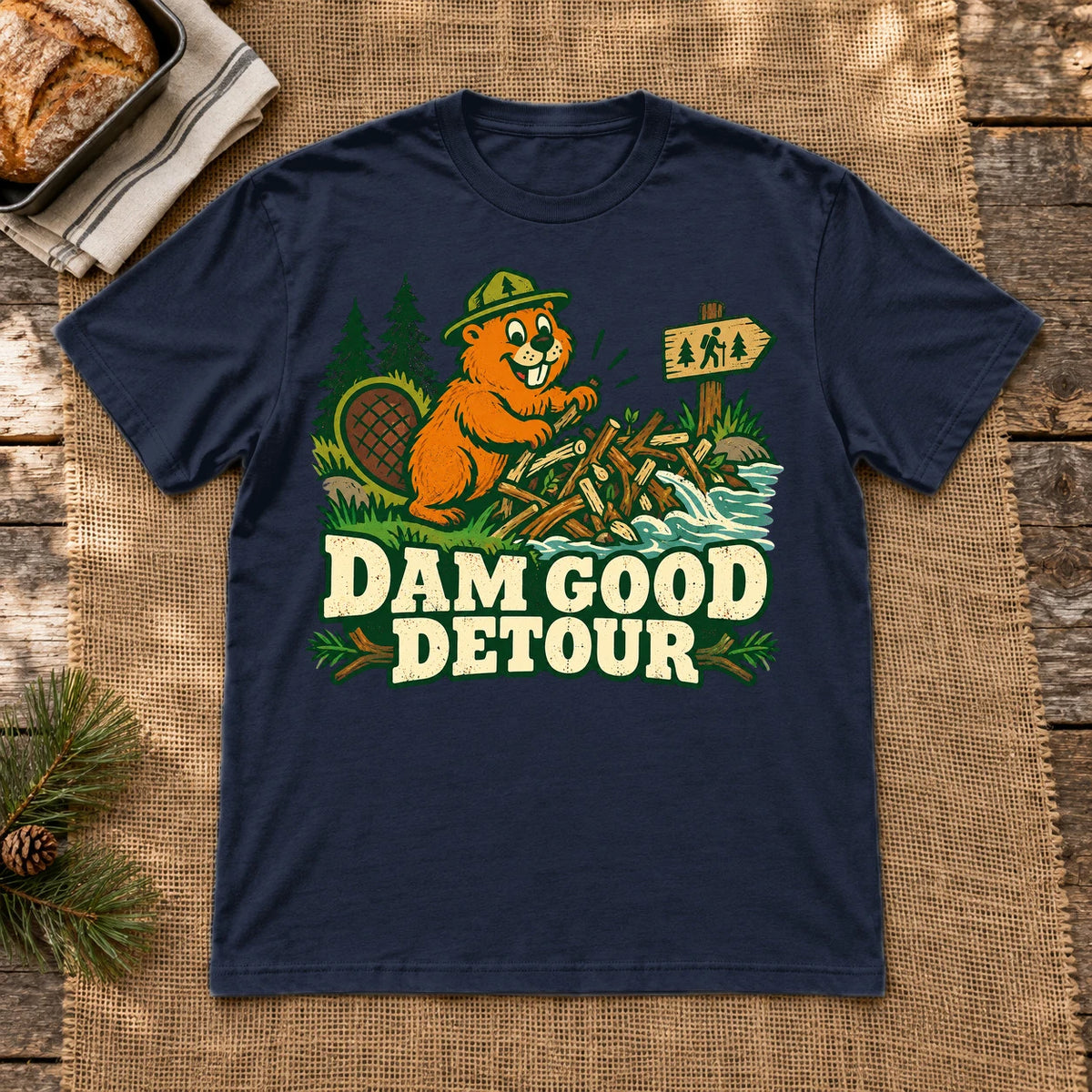 Dam Good Detour Retro Beaver Graphic Tee on Navy Everyday Soft Tee