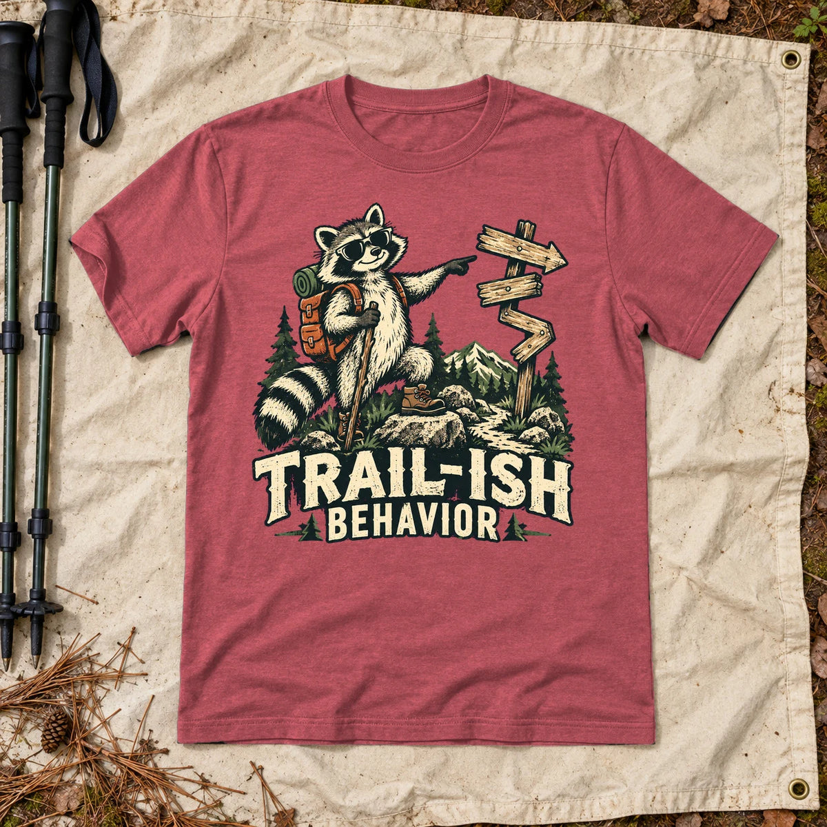 Trail-ish Behavior Raccoon Graphic Tee on Heather Red Everyday Soft Tee