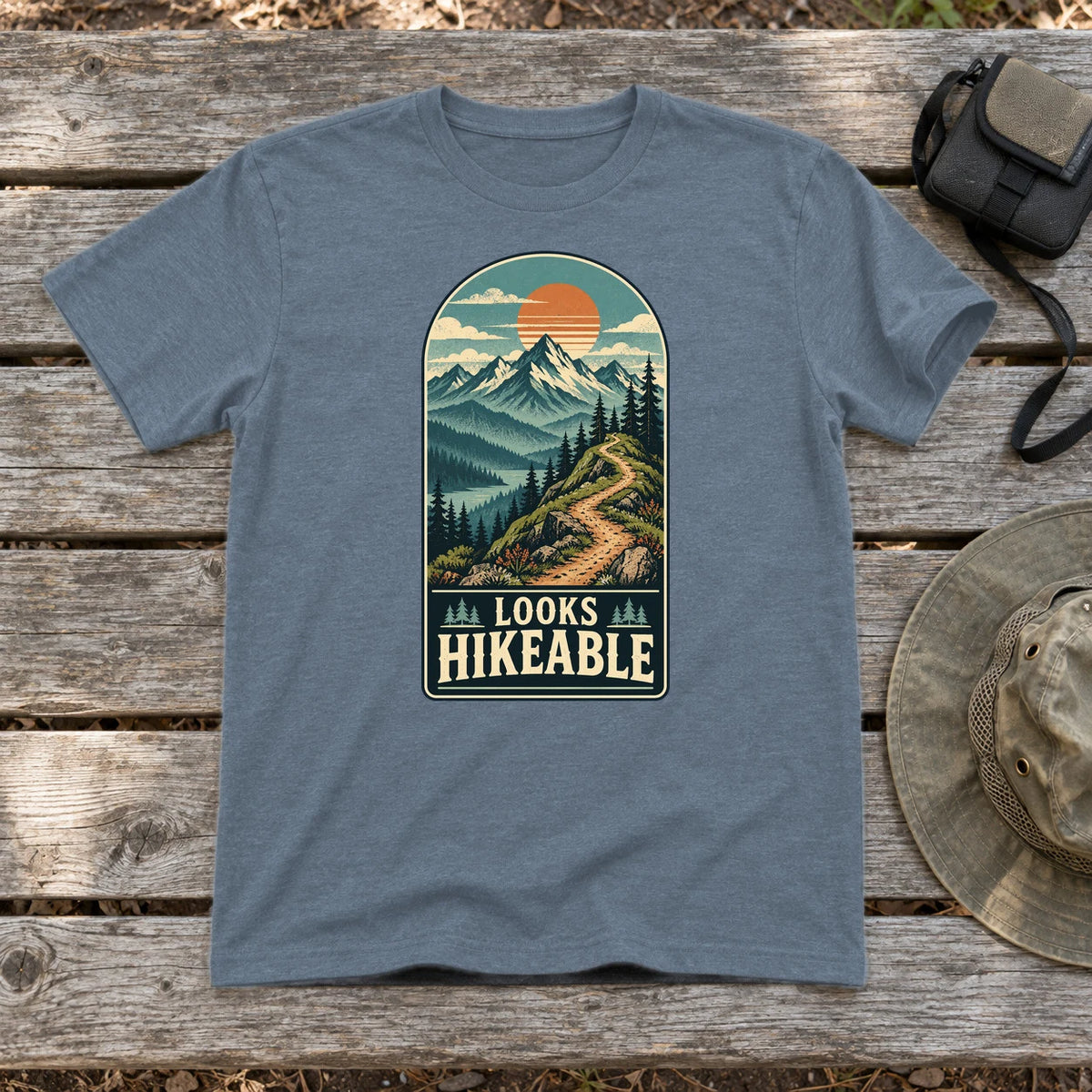 Looks Hikeable Vintage Mountain Graphic Tee on Heather Indigo Everyday Soft Tee