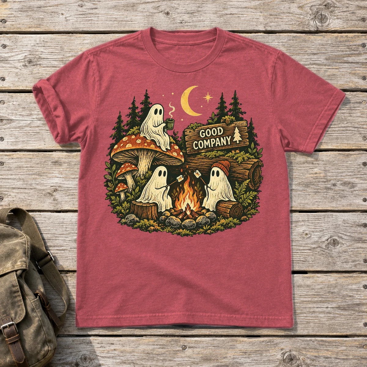 Good Company Ghost Campfire Graphic Tee on Heather Red Everyday Soft Tee