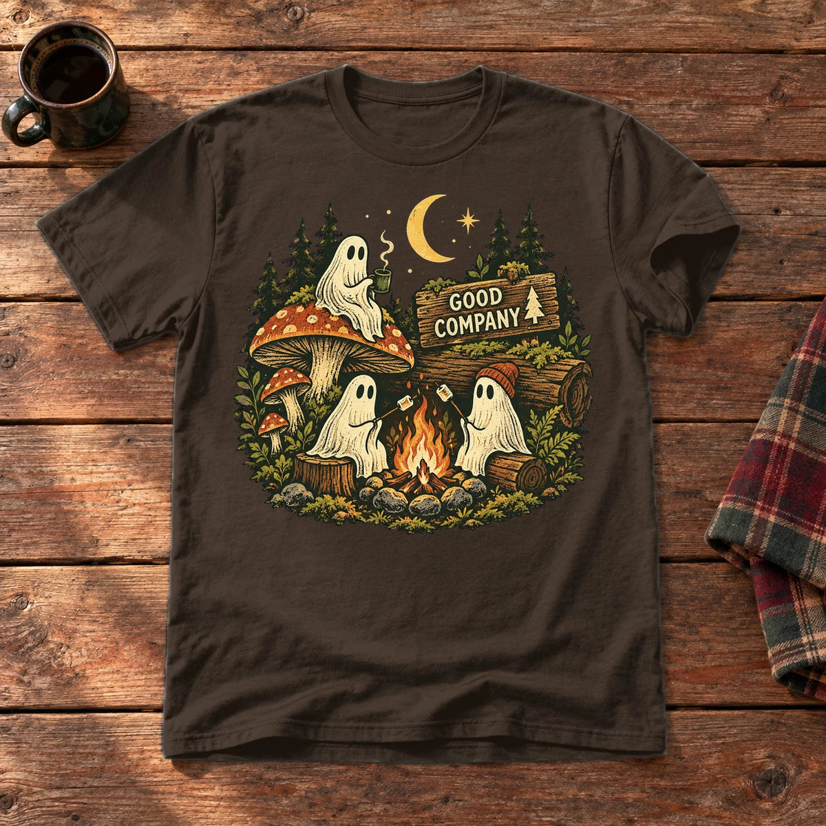 Good Company Ghost Campfire Graphic Tee on Dark Chocolate Everyday Soft Tee