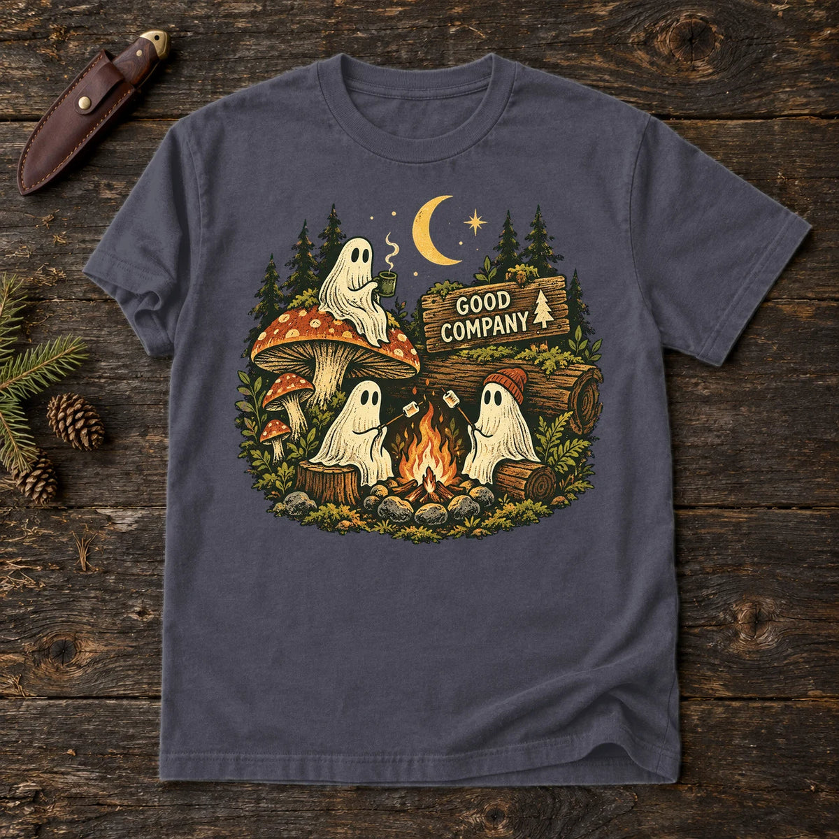 Good Company Ghost Campfire Graphic Tee on Navy Premium Tee