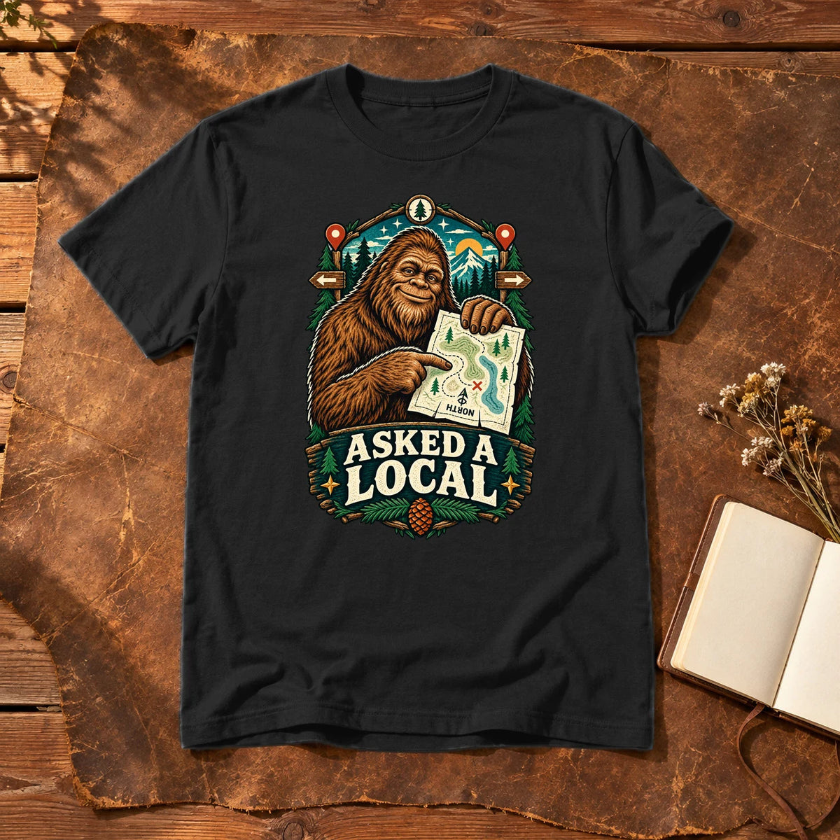 Asked A Local Bigfoot Graphic Tee on Black Everyday Soft Tee