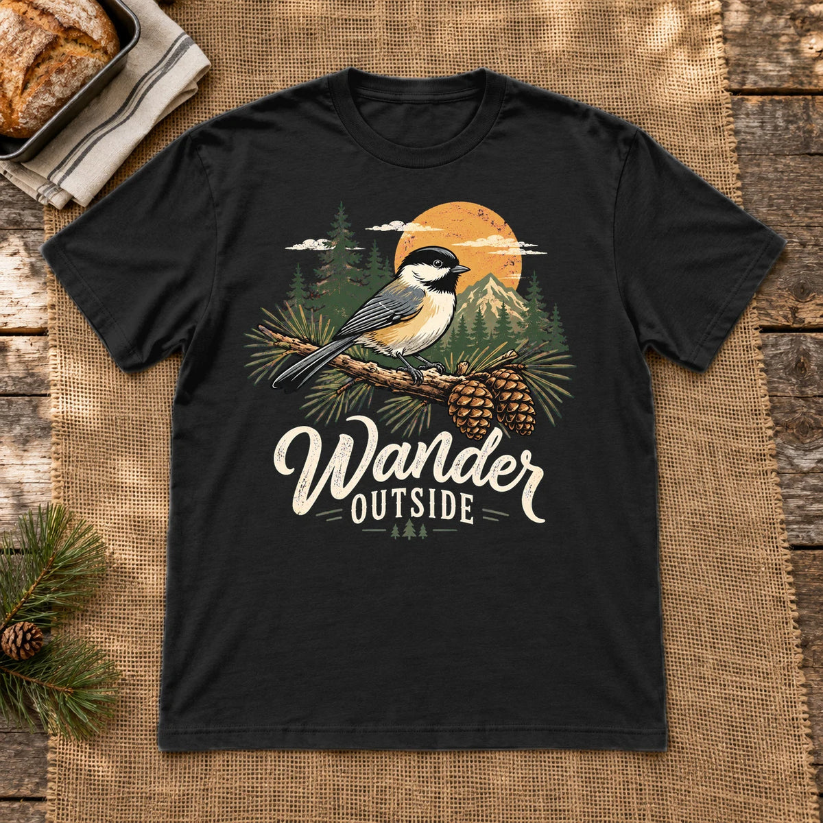 Wander Outside Chickadee Graphic Tee on Black Everyday Soft Tee