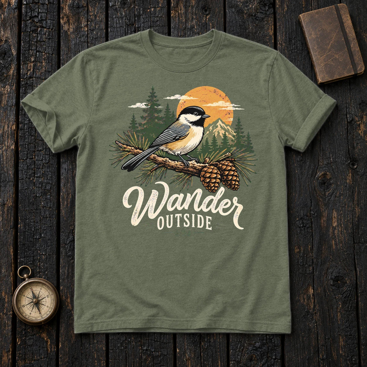 Wander Outside Chickadee Graphic Tee on Military Green Everyday Soft Tee