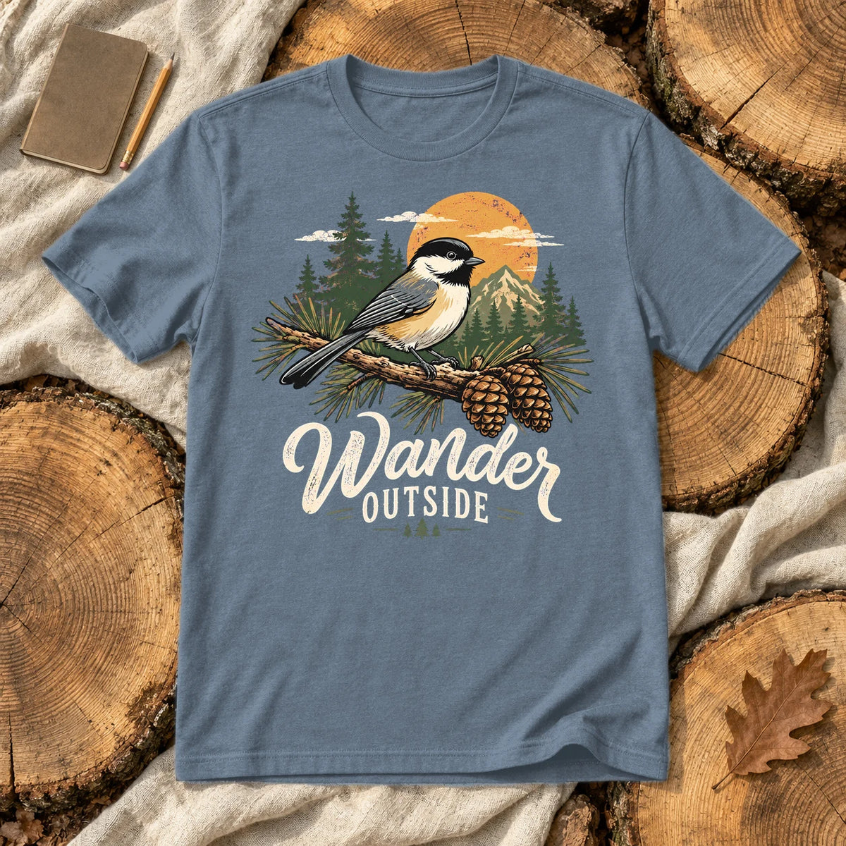 Wander Outside Chickadee Graphic Tee on Heather Indigo Everyday Soft Tee