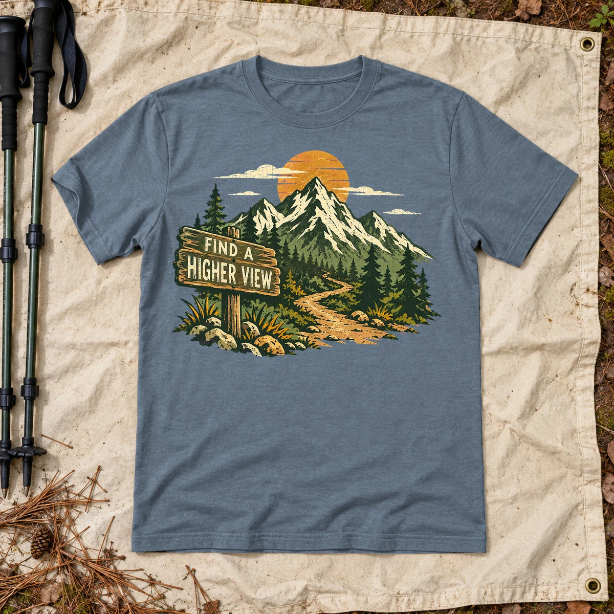 Find A Higher View Mountain Graphic Tee on Heather Indigo Everyday Soft Tee