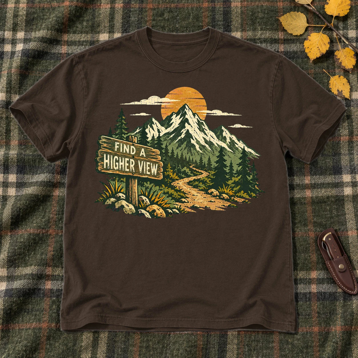 Find A Higher View Mountain Graphic Tee on Dark Chocolate Everyday Soft Tee