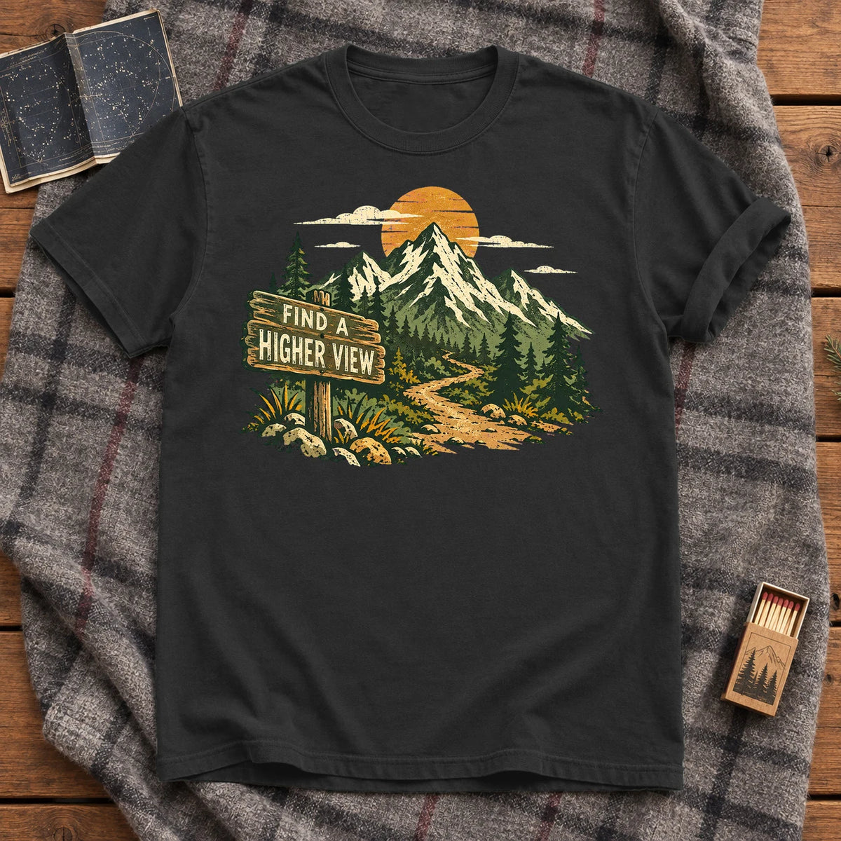Find A Higher View Mountain Graphic Tee on Black Premium Tee