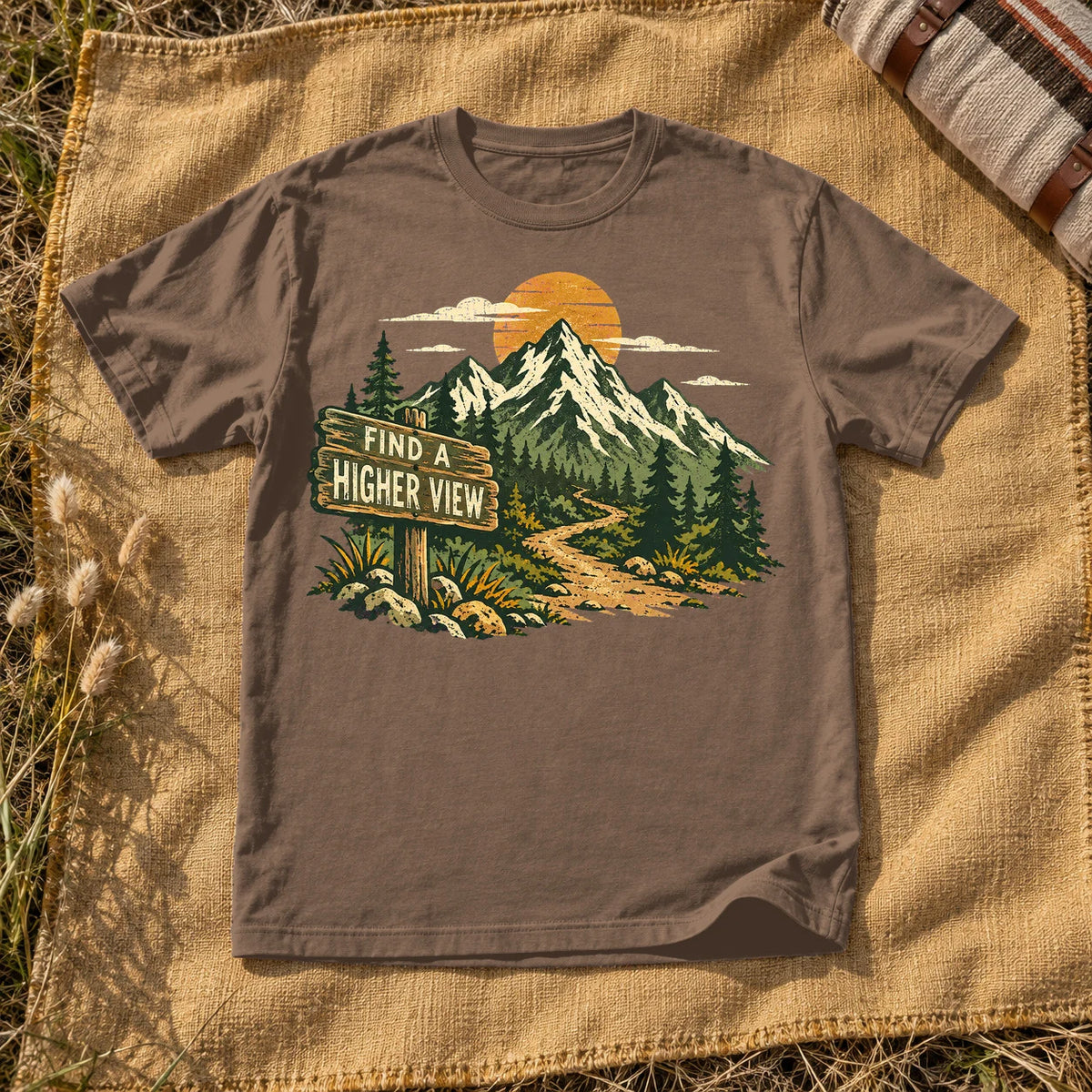 Find A Higher View Mountain Graphic Tee on Espresso Premium Tee