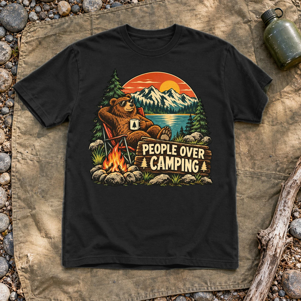 People Over Camping Bear Graphic Tee on Black Everyday Soft Tee