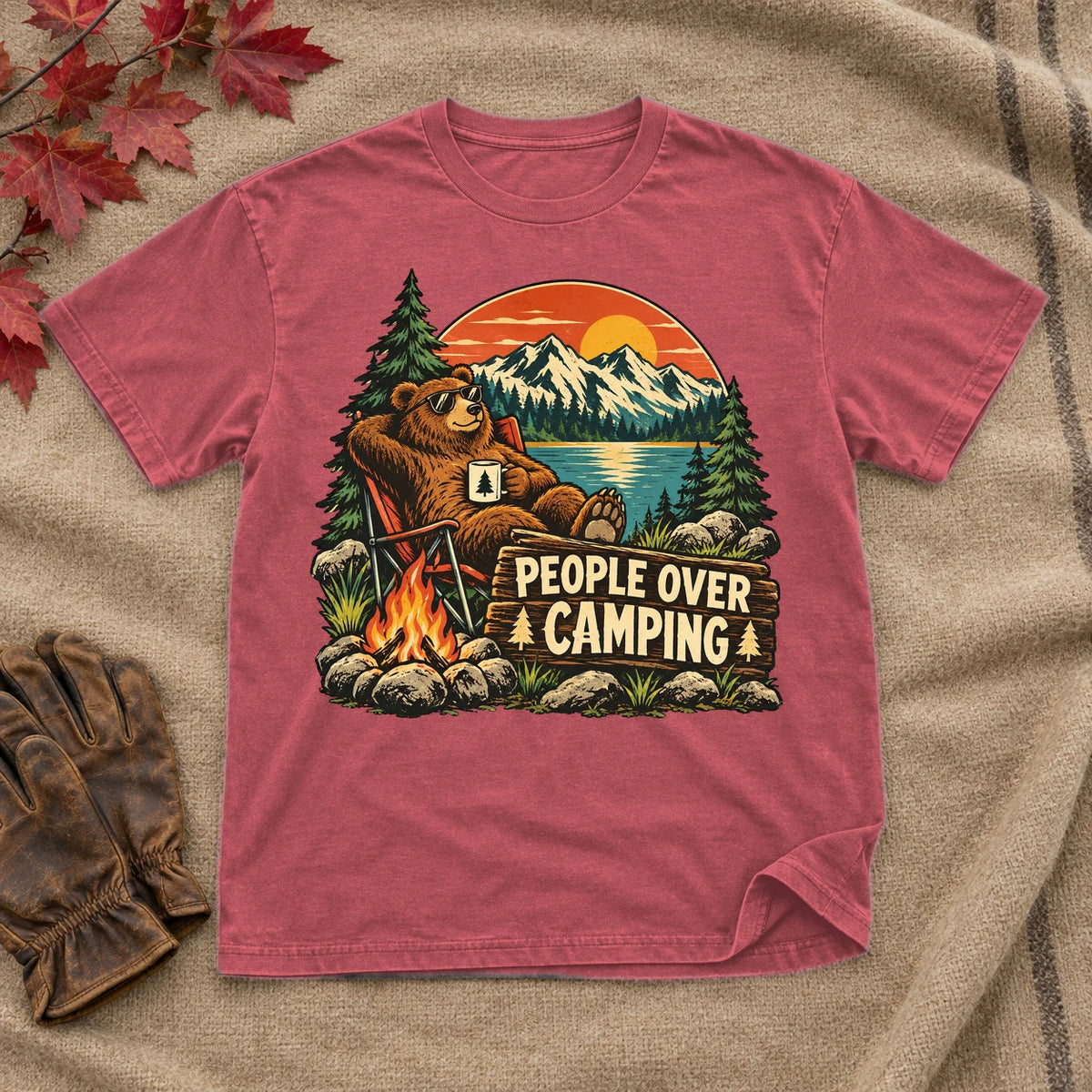 People Over Camping Bear Graphic Tee on Heather Red Everyday Soft Tee