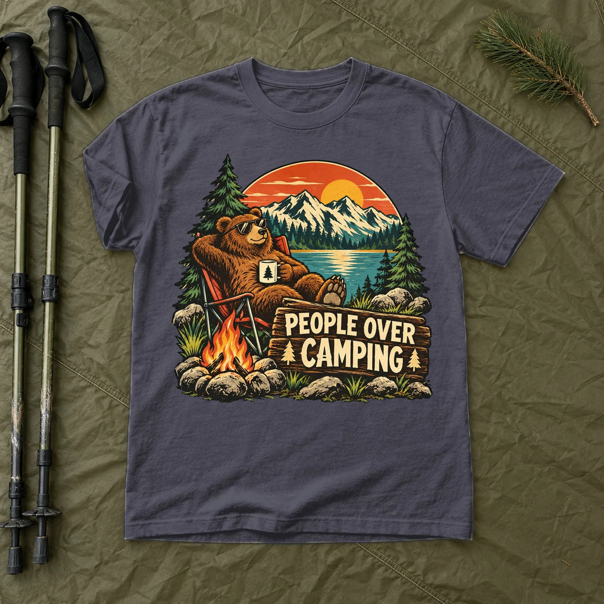 People Over Camping Bear Graphic Tee on Navy Premium Tee