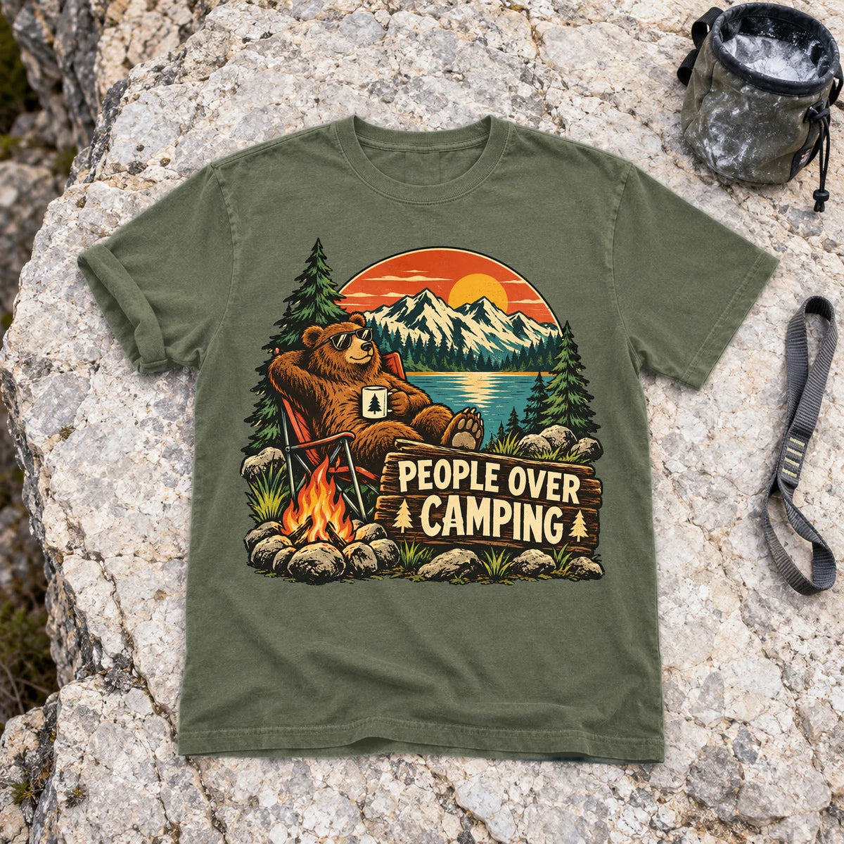 People Over Camping Bear Graphic Tee on Moss Premium Tee