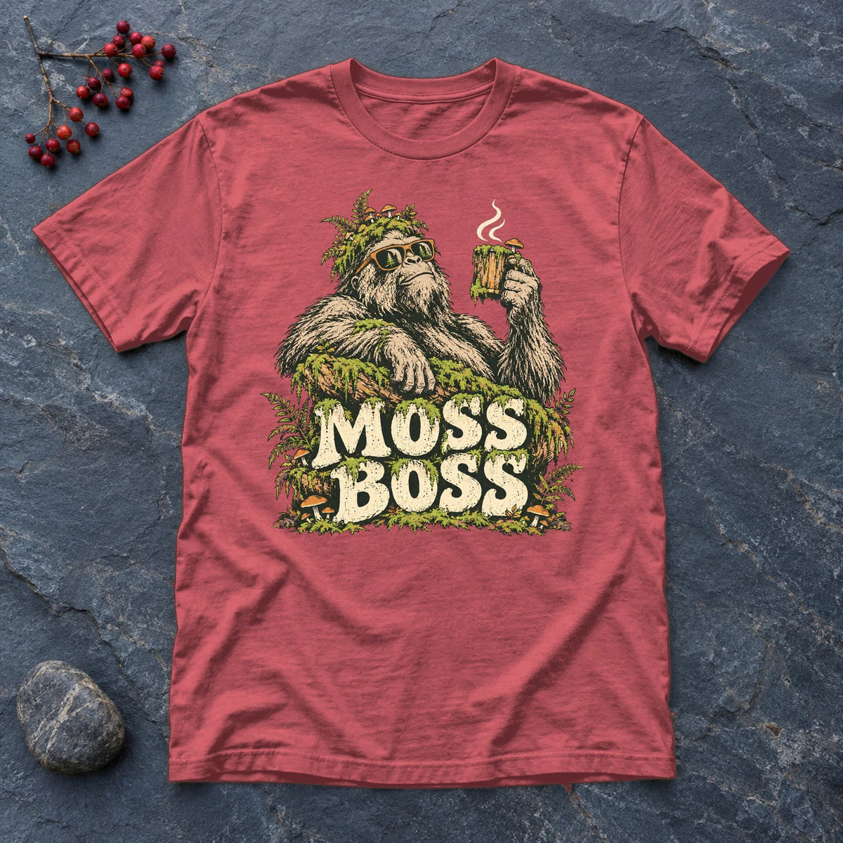 Moss Boss Sasquatch Graphic Tee on Heather Red Everyday Soft Tee