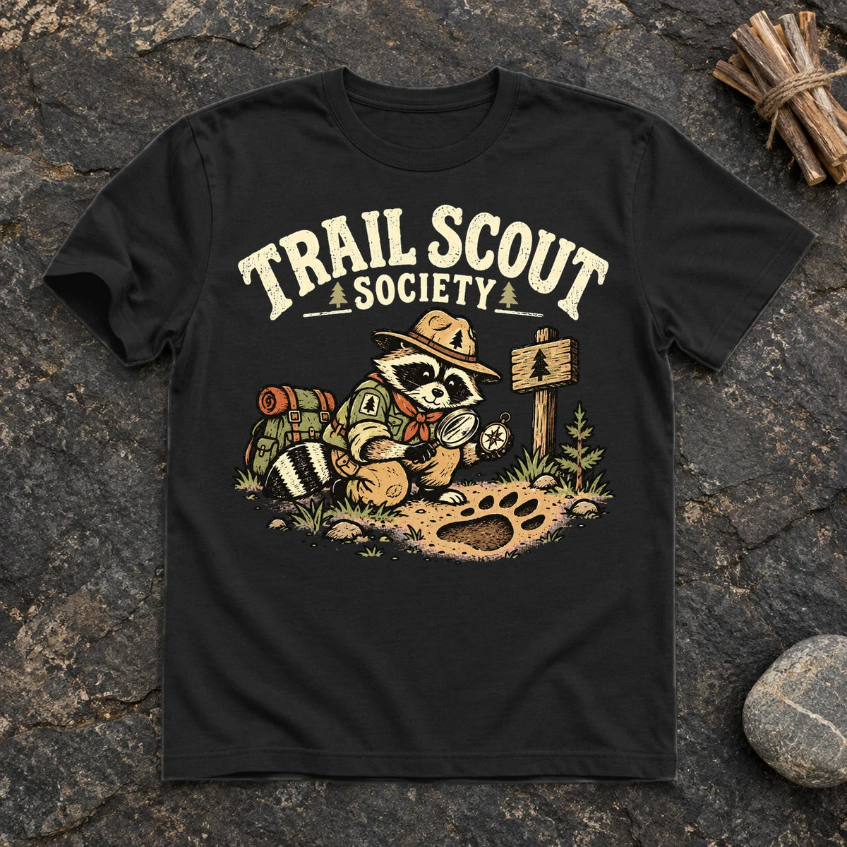 Trail Scout Society Raccoon Graphic Tee on Black Everyday Soft Tee