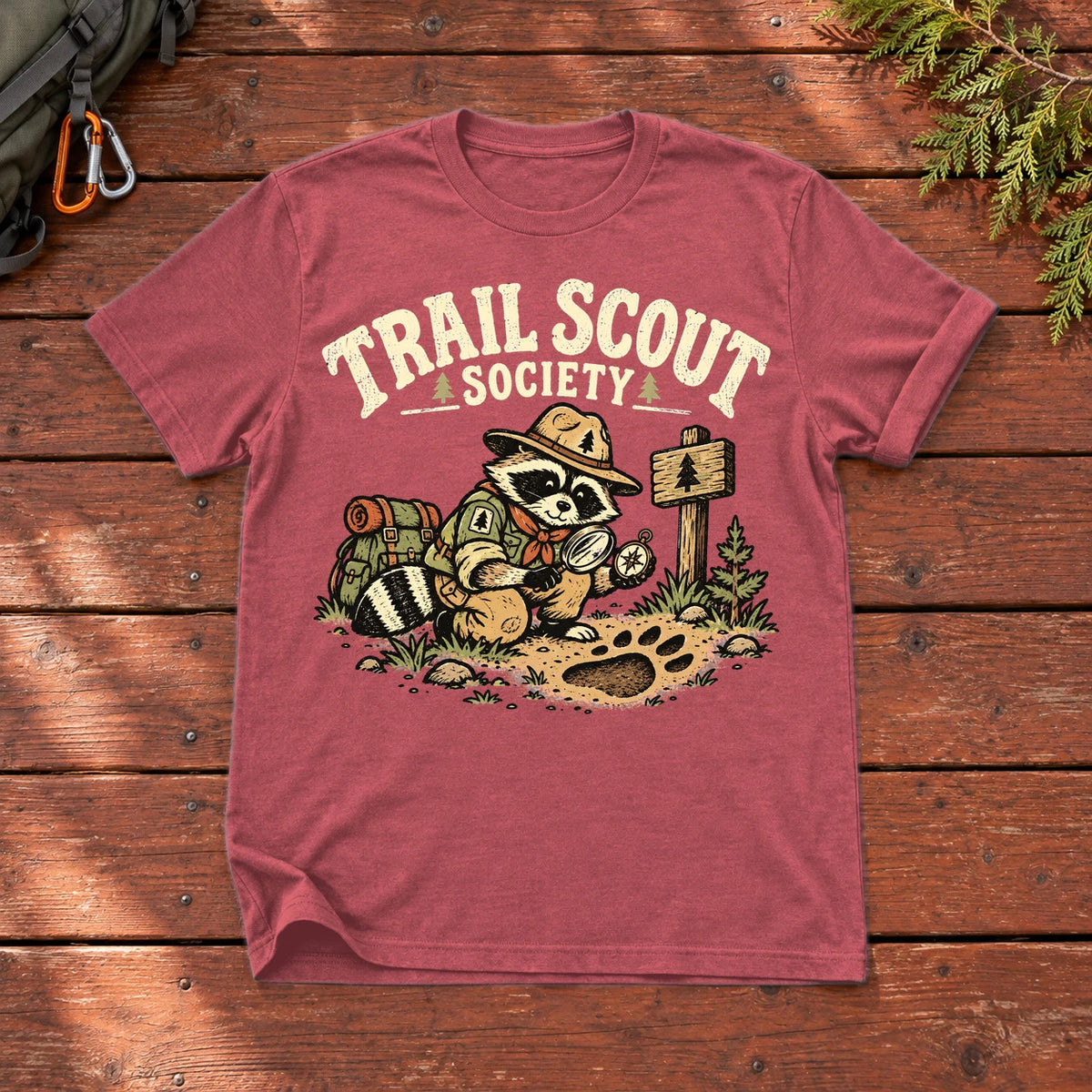 Trail Scout Society Raccoon Graphic Tee on Heather Red Everyday Soft Tee