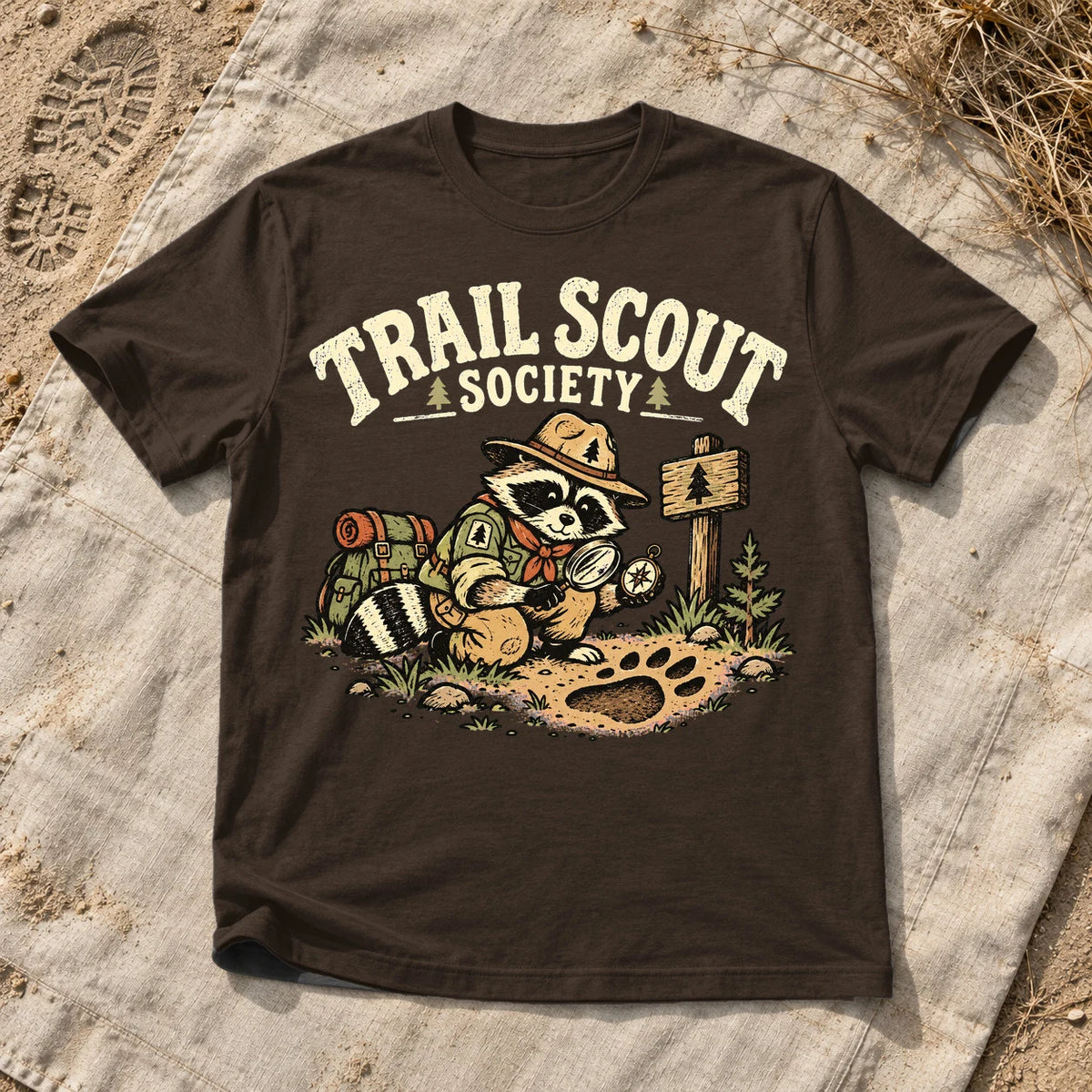 Trail Scout Society Raccoon Graphic Tee on Dark Chocolate Everyday Soft Tee