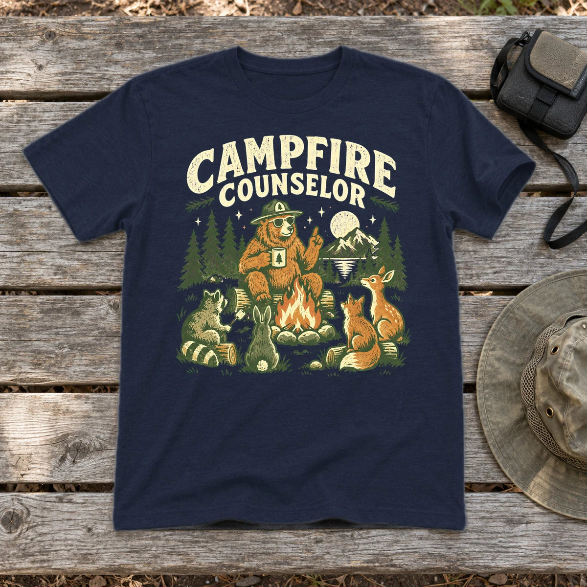 Campfire Counselor Graphic Tee on Navy Everyday Soft Tee