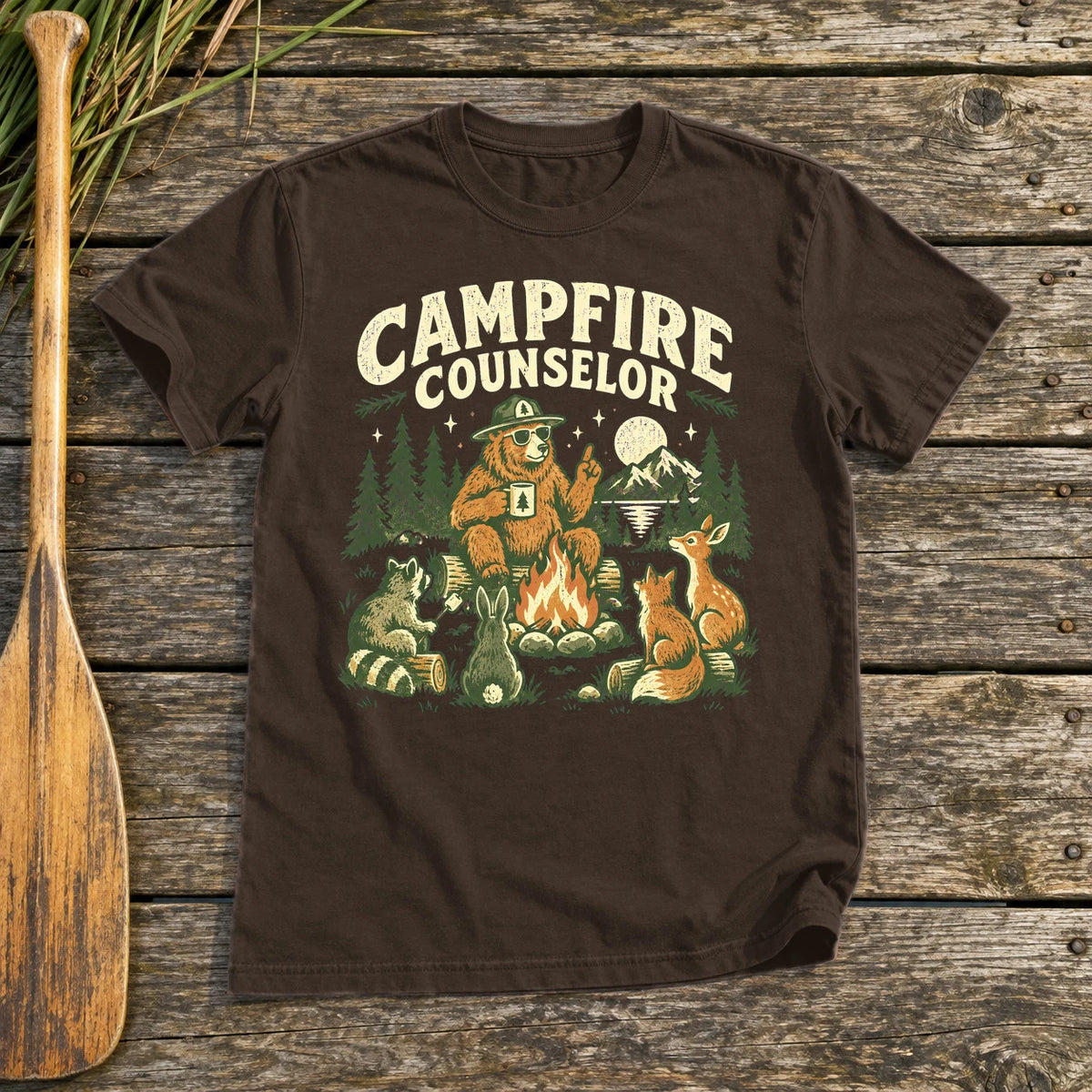 Campfire Counselor Graphic Tee on Dark Chocolate Everyday Soft Tee